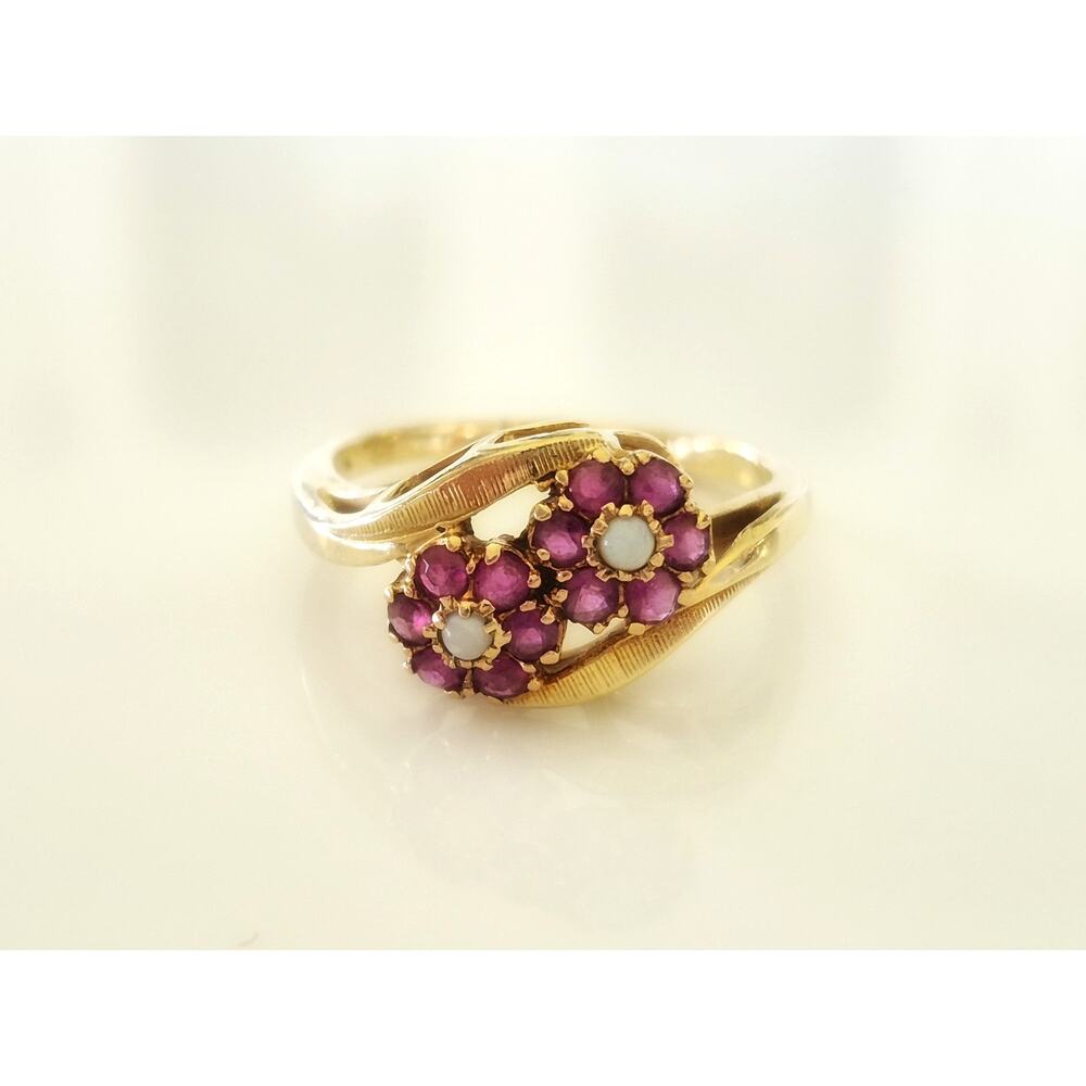 Vintage 10K Gold Ruby and Opal Floral Bypass Ring
